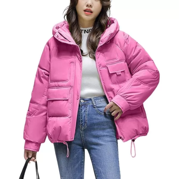 imagechouyatou Womens Winter MultiPocket Hooded Puffer Jacket Oversized Short Down Puffer CoatHot Pink
