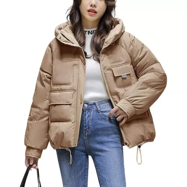 imagechouyatou Womens Winter MultiPocket Hooded Puffer Jacket Oversized Short Down Puffer CoatKhaki