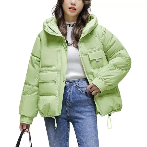 imagechouyatou Womens Winter MultiPocket Hooded Puffer Jacket Oversized Short Down Puffer CoatLight Green