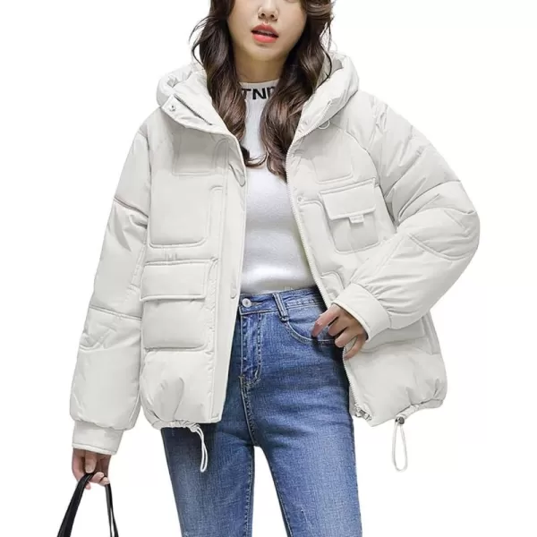 imagechouyatou Womens Winter MultiPocket Hooded Puffer Jacket Oversized Short Down Puffer CoatWhite