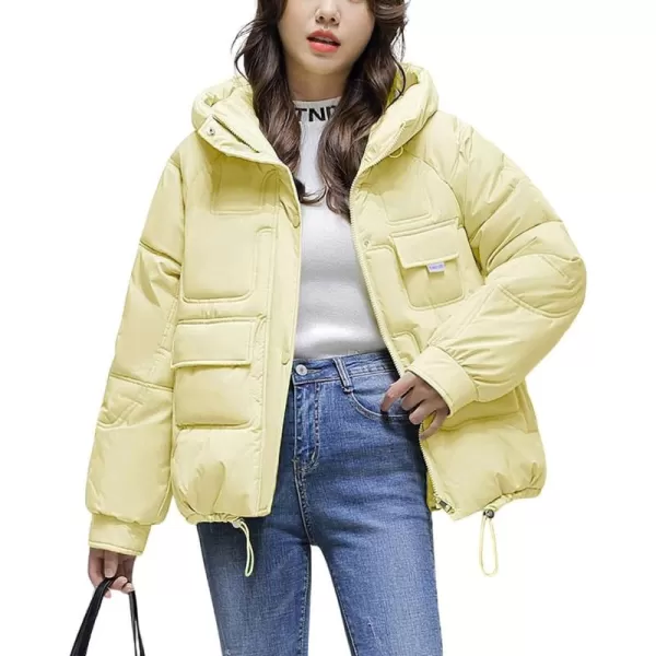 imagechouyatou Womens Winter MultiPocket Hooded Puffer Jacket Oversized Short Down Puffer CoatYellow