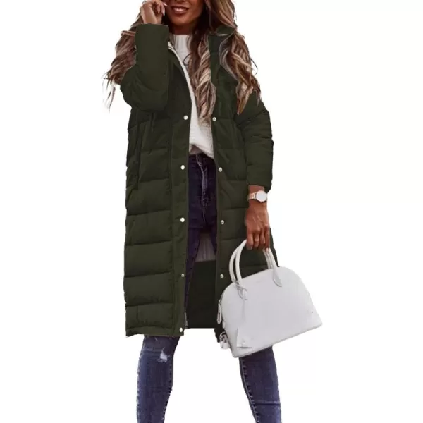 imagechouyatou Womens Winter Quilted Hooded Long Puffer Jacket Zip Up Button Down Padded Puffy Down CoatArmy Green
