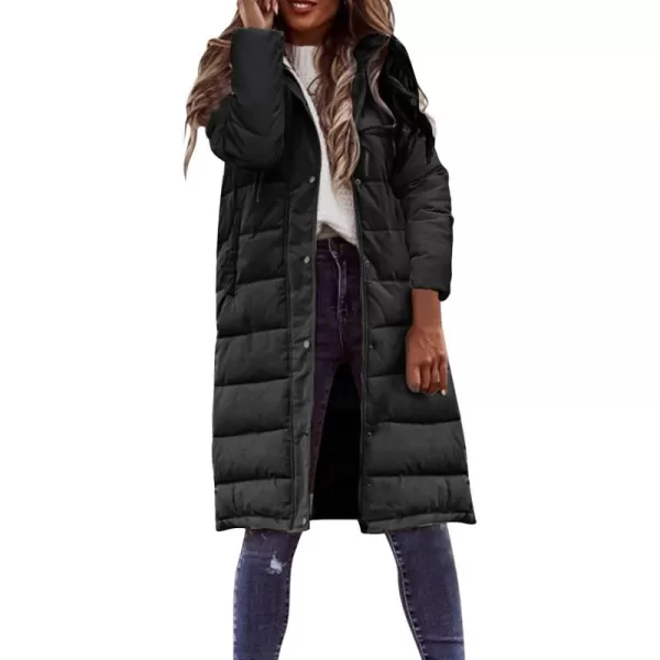 imagechouyatou Womens Winter Quilted Hooded Long Puffer Jacket Zip Up Button Down Padded Puffy Down CoatBlack