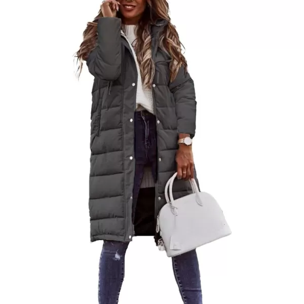 imagechouyatou Womens Winter Quilted Hooded Long Puffer Jacket Zip Up Button Down Padded Puffy Down CoatDark Gray