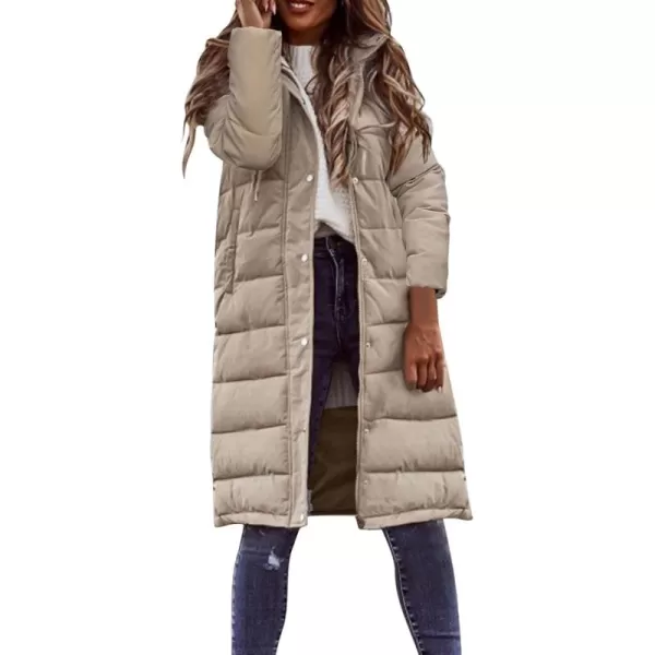 imagechouyatou Womens Winter Quilted Hooded Long Puffer Jacket Zip Up Button Down Padded Puffy Down CoatKhaki