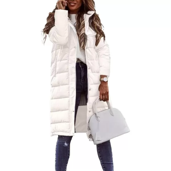 imagechouyatou Womens Winter Quilted Hooded Long Puffer Jacket Zip Up Button Down Padded Puffy Down CoatWhite