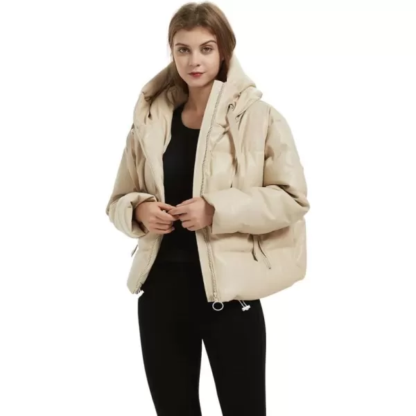 imagechouyatou Womens Winter Warm Faux Leather Puffer Jacket Hooded Long Sleeve Quilted JacketBeige