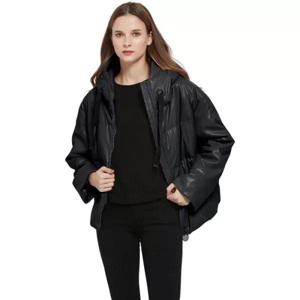 imagechouyatou Womens Winter Warm Faux Leather Puffer Jacket Hooded Long Sleeve Quilted JacketBlack