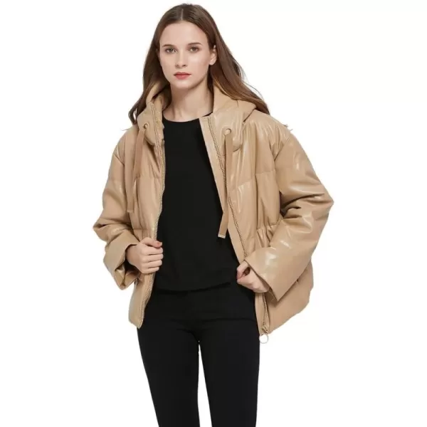 imagechouyatou Womens Winter Warm Faux Leather Puffer Jacket Hooded Long Sleeve Quilted JacketCamel