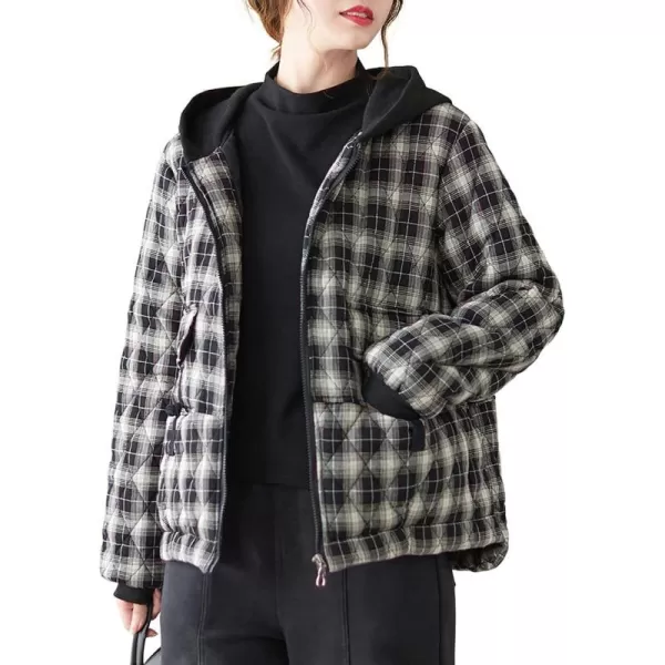 imagechouyatou Womens Winter Warm Hooded Quilted Jacket Plaid Baggy Puffer Jacket Down CoatBlack
