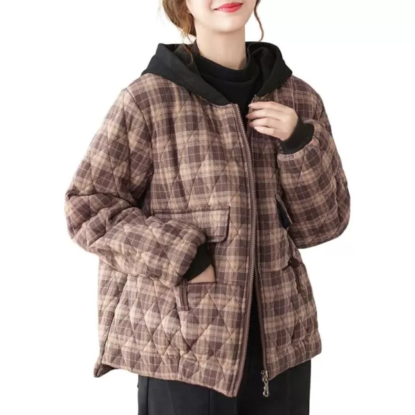 imagechouyatou Womens Winter Warm Hooded Quilted Jacket Plaid Baggy Puffer Jacket Down CoatBrown
