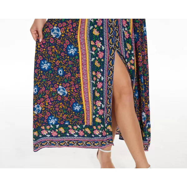 imageWomens Boho Floral Dress Side Split V Neck Ruffle Short Sleeve Summer Belted Maxi DressDeep Blue