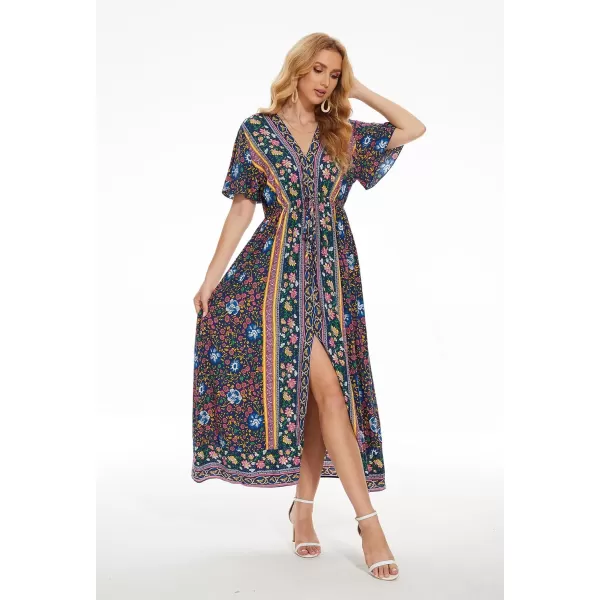 imageWomens Boho Floral Dress Side Split V Neck Ruffle Short Sleeve Summer Belted Maxi DressDeep Blue
