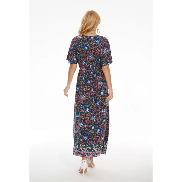 imageWomens Boho Floral Dress Side Split V Neck Ruffle Short Sleeve Summer Belted Maxi DressDeep Blue