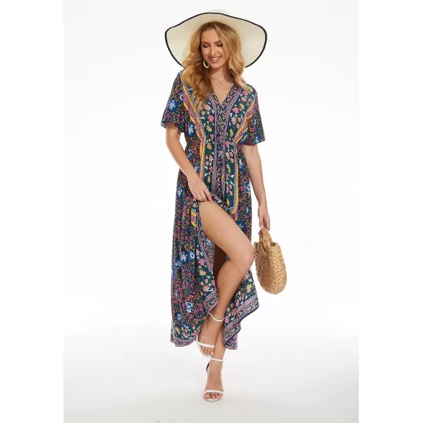imageWomens Boho Floral Dress Side Split V Neck Ruffle Short Sleeve Summer Belted Maxi DressDeep Blue