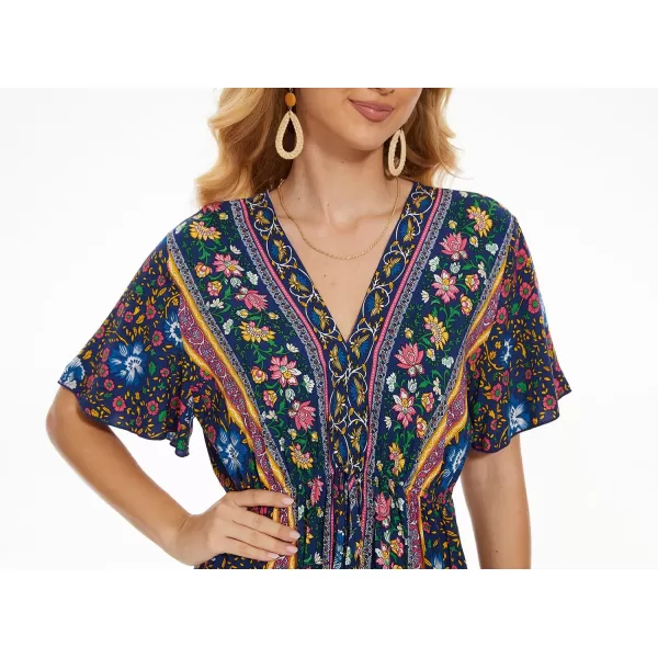 imageWomens Boho Floral Dress Side Split V Neck Ruffle Short Sleeve Summer Belted Maxi DressDeep Blue