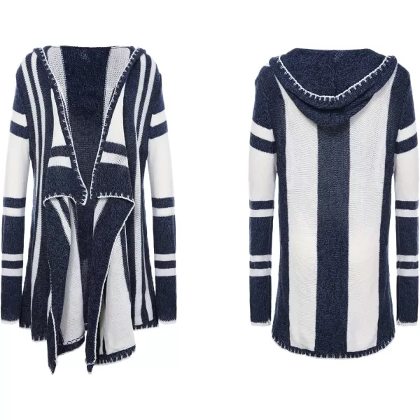 imagechouyatou CHOUAYTOU Womens Irregular Drape Open Front Striped Hooded Cardigan Sweater Boho Casual Coatigan CoatBlue