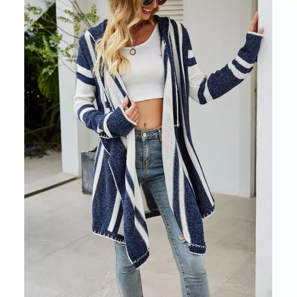 imagechouyatou CHOUAYTOU Womens Irregular Drape Open Front Striped Hooded Cardigan Sweater Boho Casual Coatigan CoatBlue