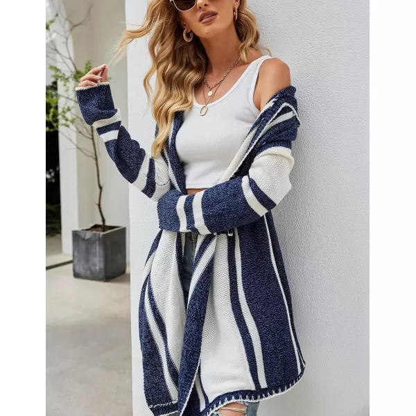 imagechouyatou CHOUAYTOU Womens Irregular Drape Open Front Striped Hooded Cardigan Sweater Boho Casual Coatigan CoatBlue