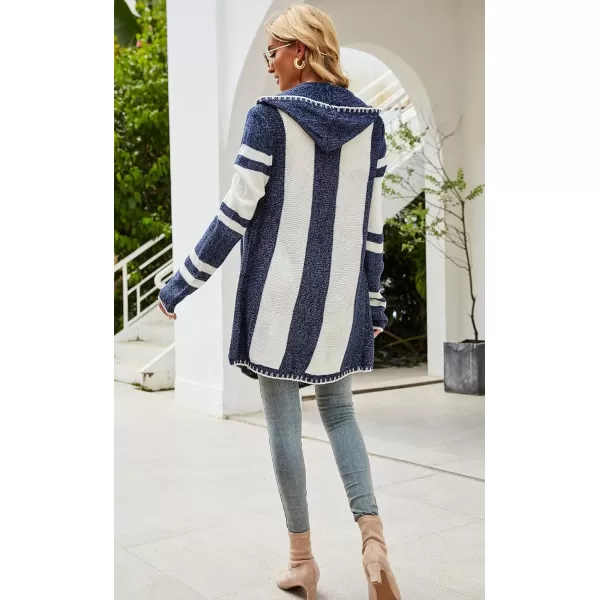 imagechouyatou CHOUAYTOU Womens Irregular Drape Open Front Striped Hooded Cardigan Sweater Boho Casual Coatigan CoatBlue