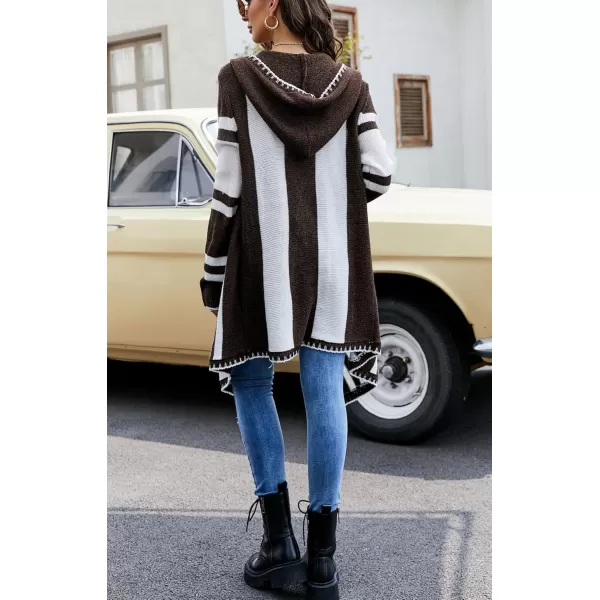 imagechouyatou CHOUAYTOU Womens Irregular Drape Open Front Striped Hooded Cardigan Sweater Boho Casual Coatigan CoatBrown