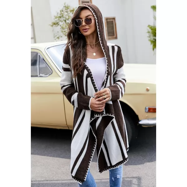 imagechouyatou CHOUAYTOU Womens Irregular Drape Open Front Striped Hooded Cardigan Sweater Boho Casual Coatigan CoatBrown