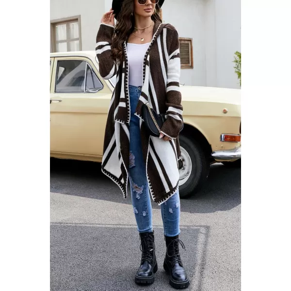imagechouyatou CHOUAYTOU Womens Irregular Drape Open Front Striped Hooded Cardigan Sweater Boho Casual Coatigan CoatBrown