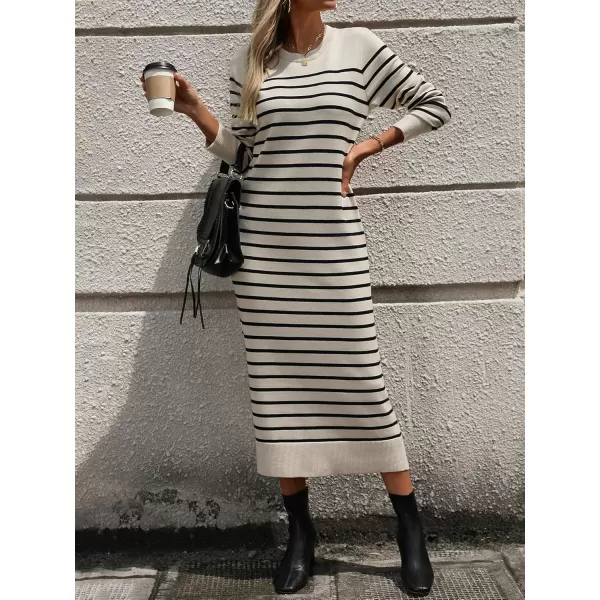 imagechouyatou Long Sleeve Striped Sweater Dresses for Women 2024 Casual Color Block Pullover Midi Long Knit DressApricot