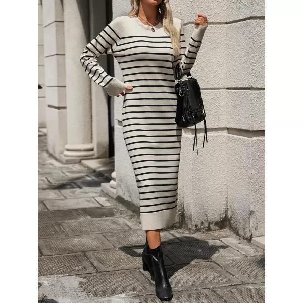 imagechouyatou Long Sleeve Striped Sweater Dresses for Women 2024 Casual Color Block Pullover Midi Long Knit DressApricot