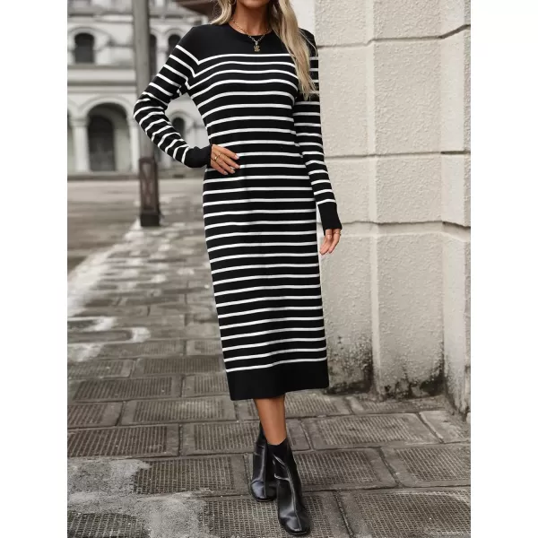 imagechouyatou Long Sleeve Striped Sweater Dresses for Women 2024 Casual Color Block Pullover Midi Long Knit DressBlack