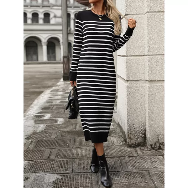 imagechouyatou Long Sleeve Striped Sweater Dresses for Women 2024 Casual Color Block Pullover Midi Long Knit DressBlack