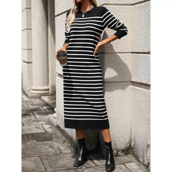 imagechouyatou Long Sleeve Striped Sweater Dresses for Women 2024 Casual Color Block Pullover Midi Long Knit DressBlack