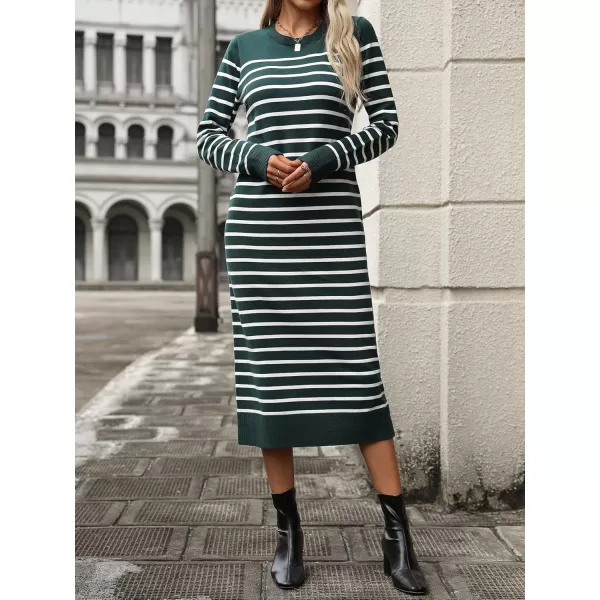 imagechouyatou Long Sleeve Striped Sweater Dresses for Women 2024 Casual Color Block Pullover Midi Long Knit DressDark Green