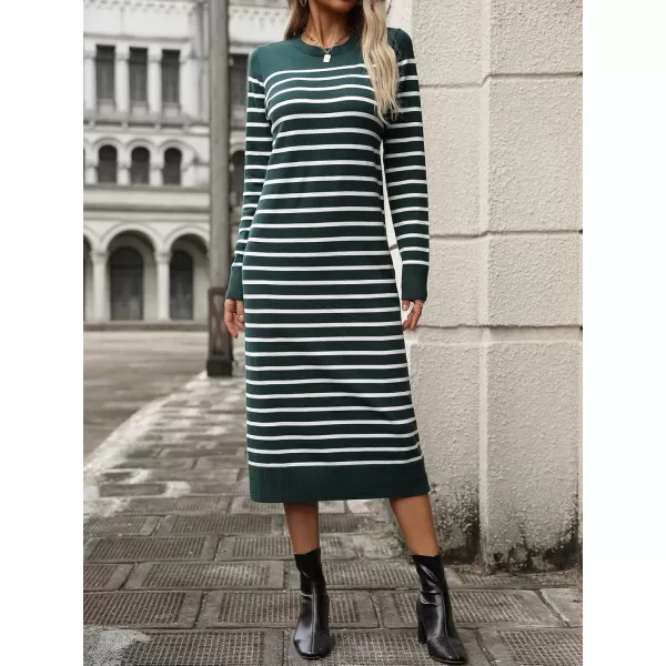 imagechouyatou Long Sleeve Striped Sweater Dresses for Women 2024 Casual Color Block Pullover Midi Long Knit DressDark Green