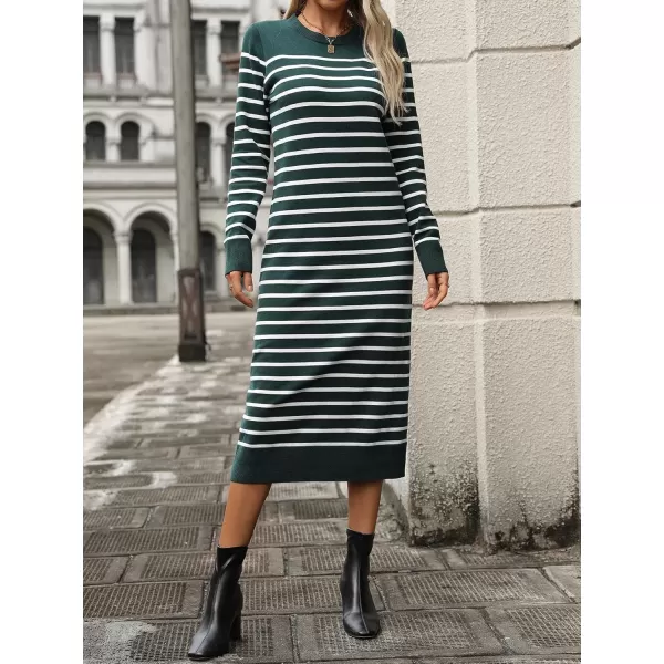 imagechouyatou Long Sleeve Striped Sweater Dresses for Women 2024 Casual Color Block Pullover Midi Long Knit DressDark Green