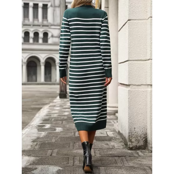 imagechouyatou Long Sleeve Striped Sweater Dresses for Women 2024 Casual Color Block Pullover Midi Long Knit DressDark Green