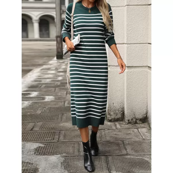 imagechouyatou Long Sleeve Striped Sweater Dresses for Women 2024 Casual Color Block Pullover Midi Long Knit DressDark Green
