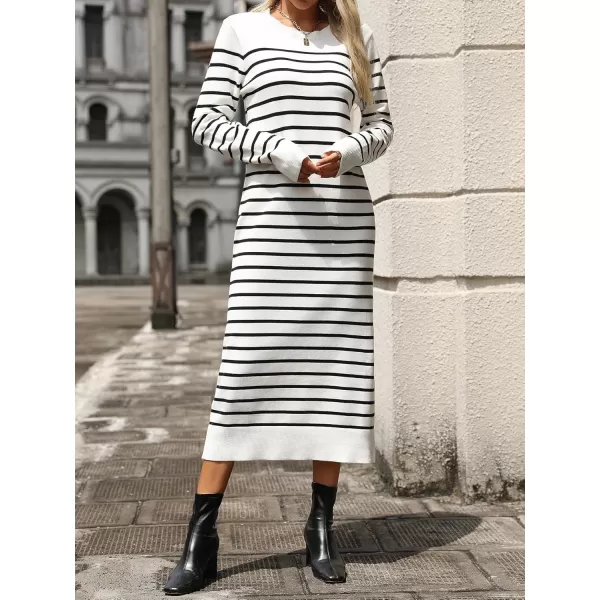 imagechouyatou Long Sleeve Striped Sweater Dresses for Women 2024 Casual Color Block Pullover Midi Long Knit DressWhite