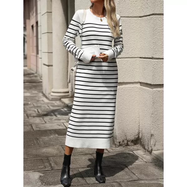imagechouyatou Long Sleeve Striped Sweater Dresses for Women 2024 Casual Color Block Pullover Midi Long Knit DressWhite