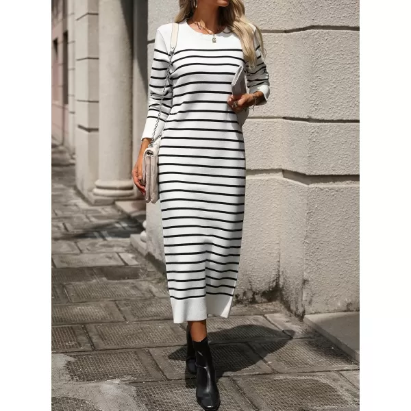 imagechouyatou Long Sleeve Striped Sweater Dresses for Women 2024 Casual Color Block Pullover Midi Long Knit DressWhite