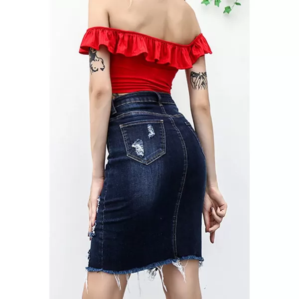 imagechouyatou Womens Bodycon Front Split Frayed Dark Washed Midi Denim Pencil SkirtDark Blue