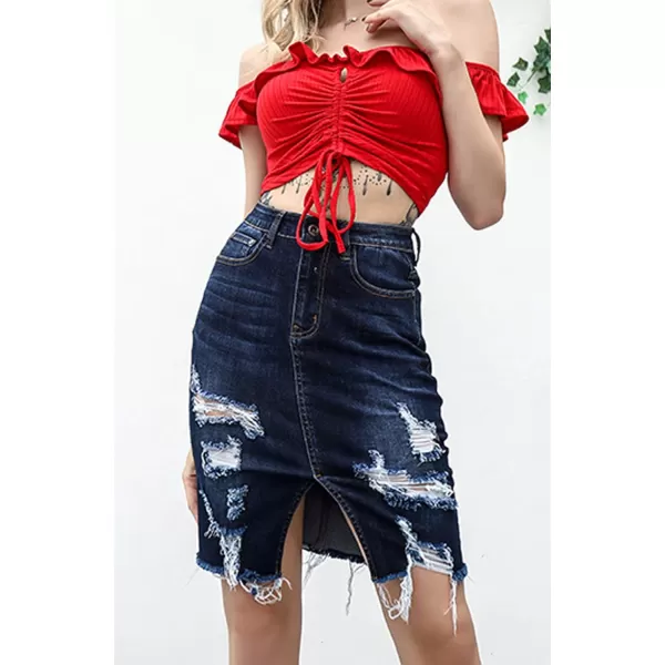 imagechouyatou Womens Bodycon Front Split Frayed Dark Washed Midi Denim Pencil SkirtDark Blue