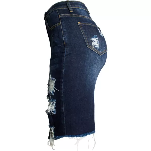 imagechouyatou Womens Bodycon Front Split Frayed Dark Washed Midi Denim Pencil SkirtDark Blue