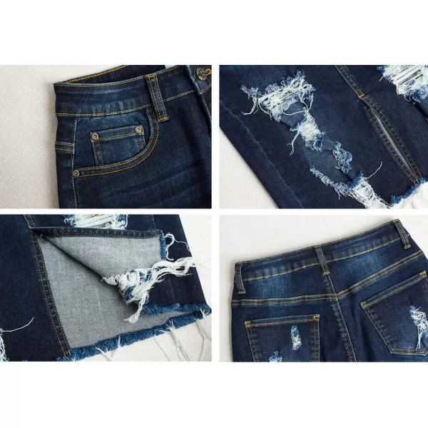 imagechouyatou Womens Bodycon Front Split Frayed Dark Washed Midi Denim Pencil SkirtDark Blue