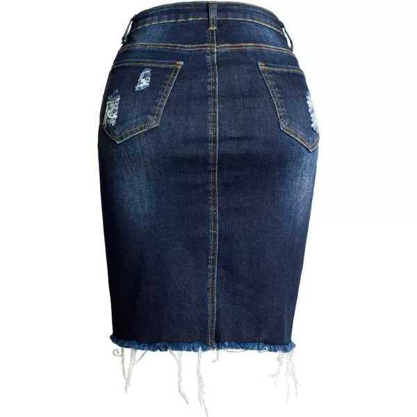 imagechouyatou Womens Bodycon Front Split Frayed Dark Washed Midi Denim Pencil SkirtDark Blue