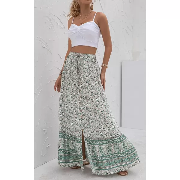 imagechouyatou Womens Boho Elastic Waist ALine Floral Print Maxi Skirt Front SplitGreen