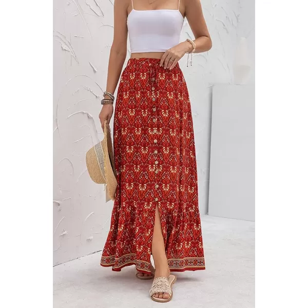 imagechouyatou Womens Boho Elastic Waist ALine Floral Print Maxi Skirt Front SplitRed