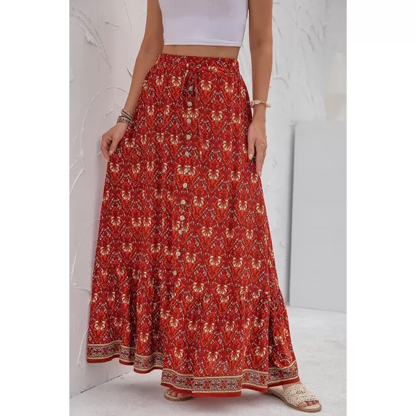 imagechouyatou Womens Boho Elastic Waist ALine Floral Print Maxi Skirt Front SplitRed