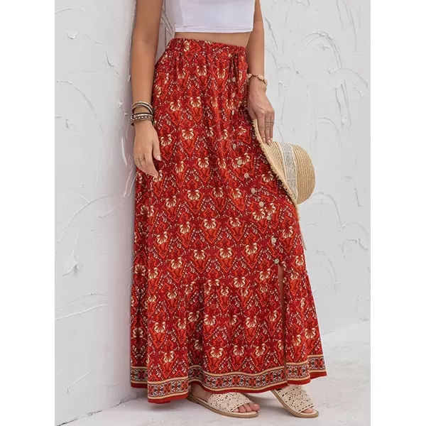 imagechouyatou Womens Boho Elastic Waist ALine Floral Print Maxi Skirt Front SplitRed