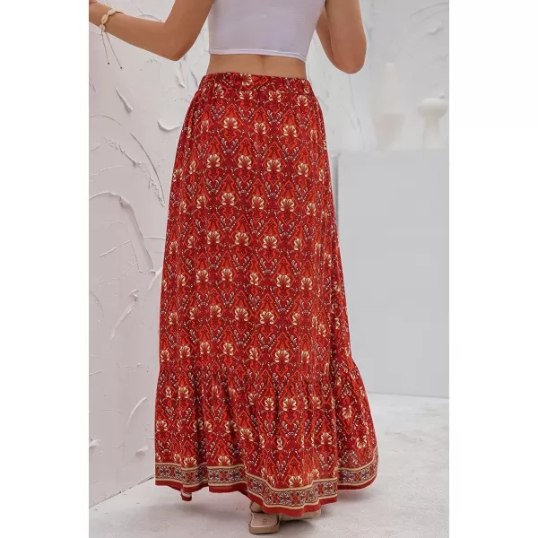 imagechouyatou Womens Boho Elastic Waist ALine Floral Print Maxi Skirt Front SplitRed
